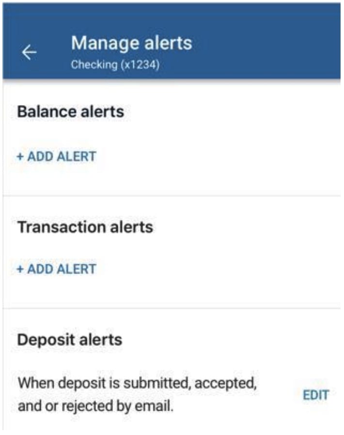 NCCFCU Mobile App Manage Alerts screen